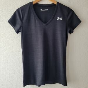 Under Armour Women's Charcoal Gray Striped V-Neck Heatgear Loose Fit Top Size XS